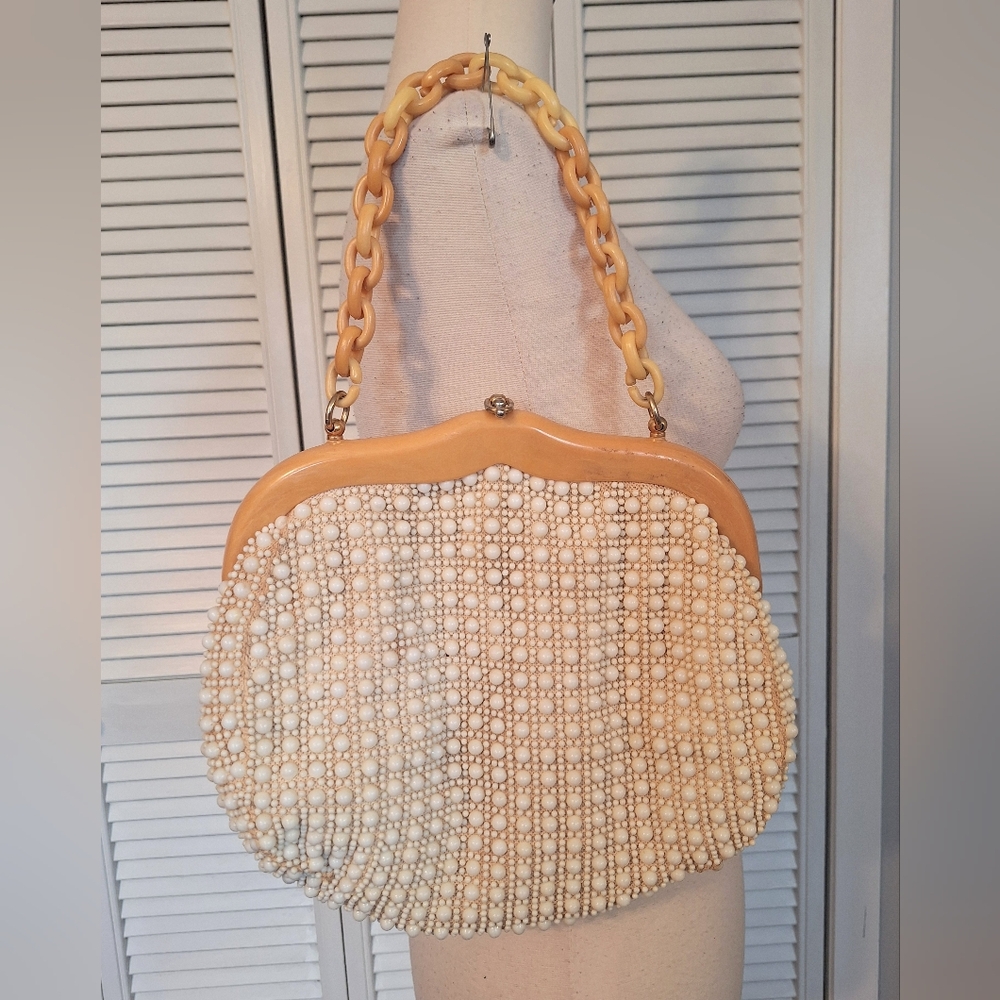 Rare Vintage Hong Kong Cream Beaded Handbag Purse - Picture 2 of 5